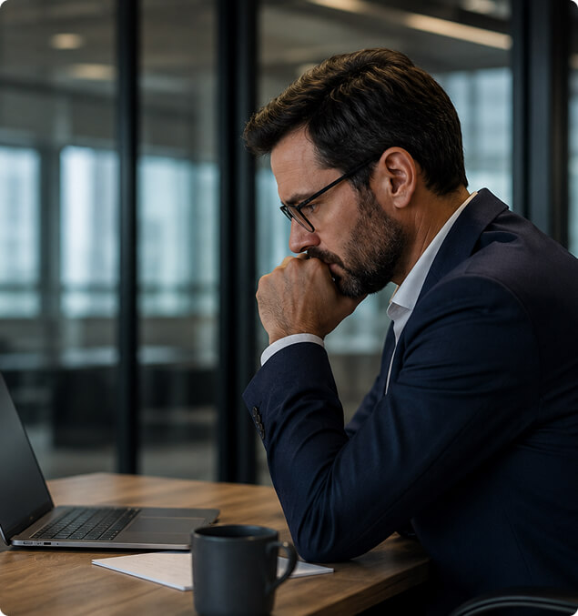 Executive leader deep in thought at office desk
